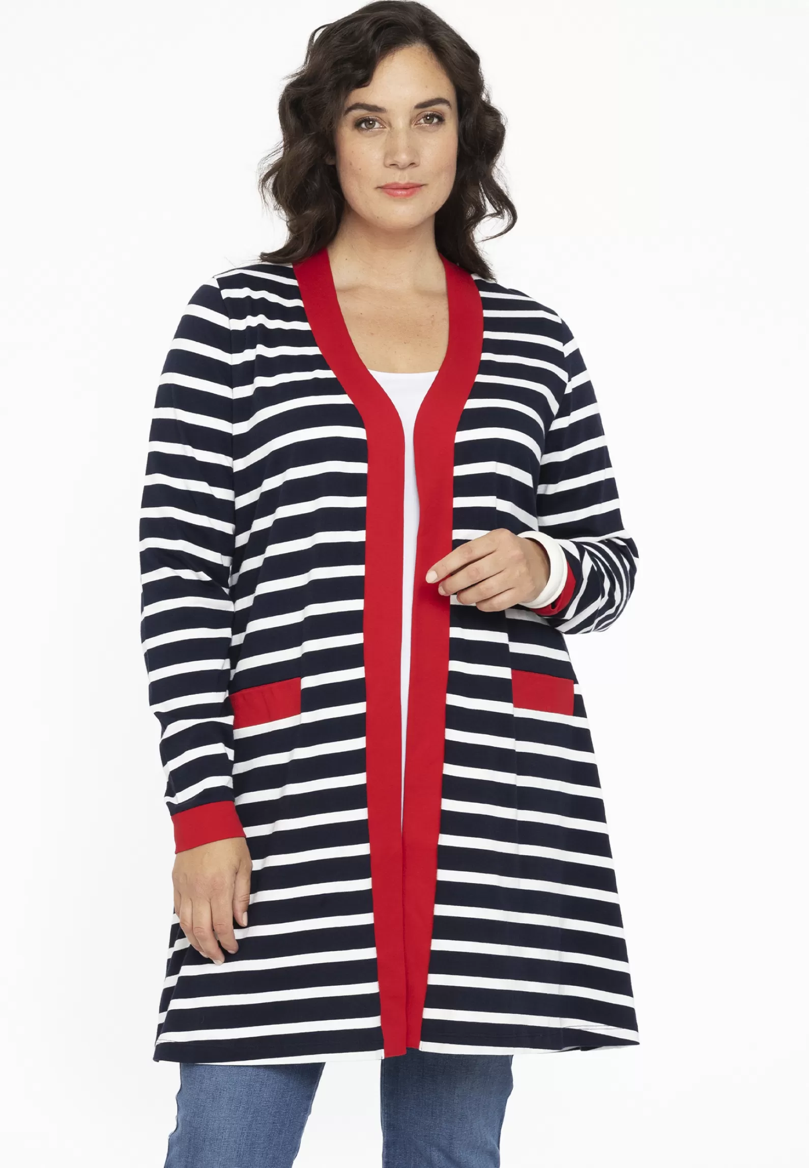 Fashion Cardigan Red Pockets Breton Women Sweaters & Cardigans