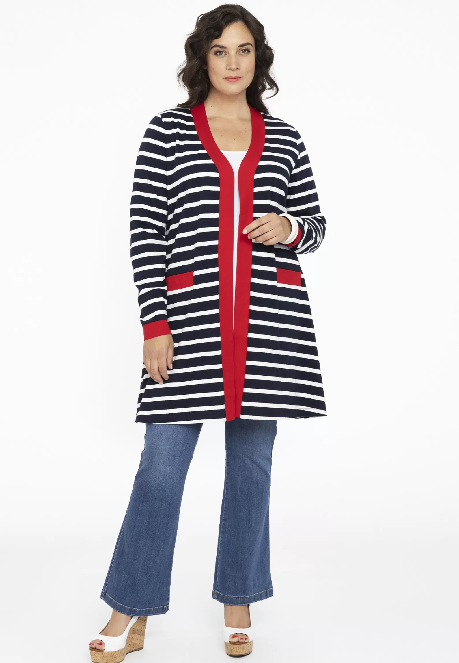 Fashion Cardigan Red Pockets Breton Women Sweaters & Cardigans
