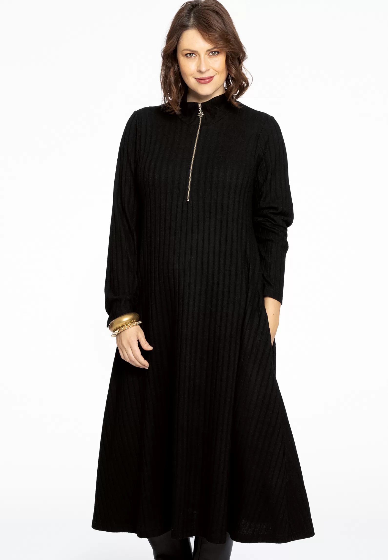 Clearance Pullover-Dress Zipped Collar Rib Women Dresses
